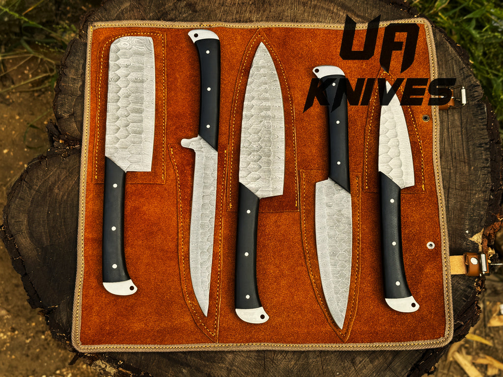 UA Knives Midnight Forge Damascus Steel 5-piece chef BBQ set with full tang blades and genuine leather storage bag.