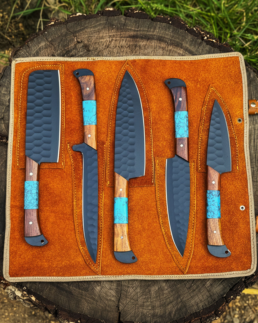 Handmade Damascus fixed blade knife set with leather sheath stainless steel knives