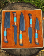 Handmade Damascus fixed blade knife set with leather sheath stainless steel knives