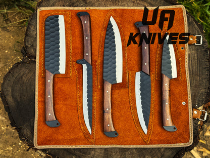 UA Midnight Forge - Handmade Damascus Steel Full Tang 5 pcs BBQ Chef Set with Genuine Leather Bag