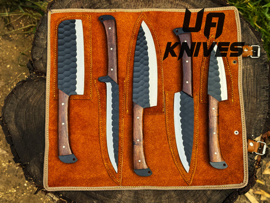 UA Nile Forge - Hand Forged Carbon Steel 5 Pcs Premium Kitchen Chef Set with Leather Carry Bag