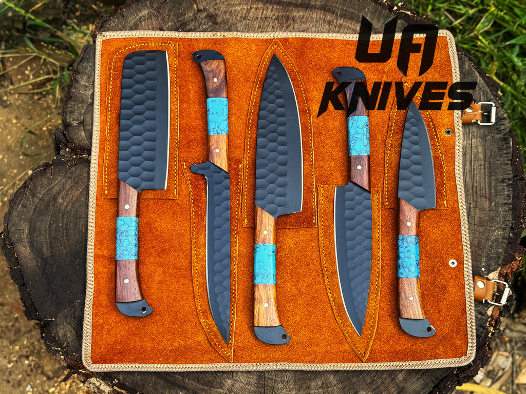 UA Knives Midnight Forge Damascus Steel BBQ chef set with five full tang knives and genuine leather storage bag.