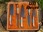 UA Knives Midnight Forge Damascus Steel BBQ chef set with five full tang knives and genuine leather storage bag.