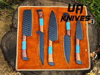 UA Midnight Forge - Handmade Damascus Steel Full Tang 5 pcs BBQ Chef Set with Genuine Leather Bag