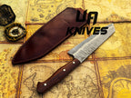 Chef knife damascus steel blade with premium wooden handle craftsmanship
