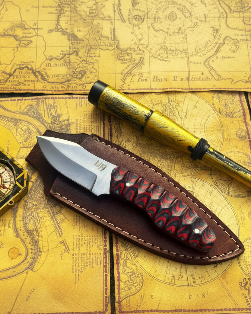 Classic hunting knife with wooden handle and protective leather sheath