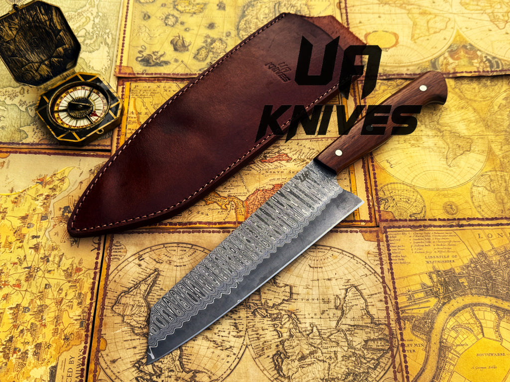 Custom damascus knife with handcrafted sheath and elegant handle design