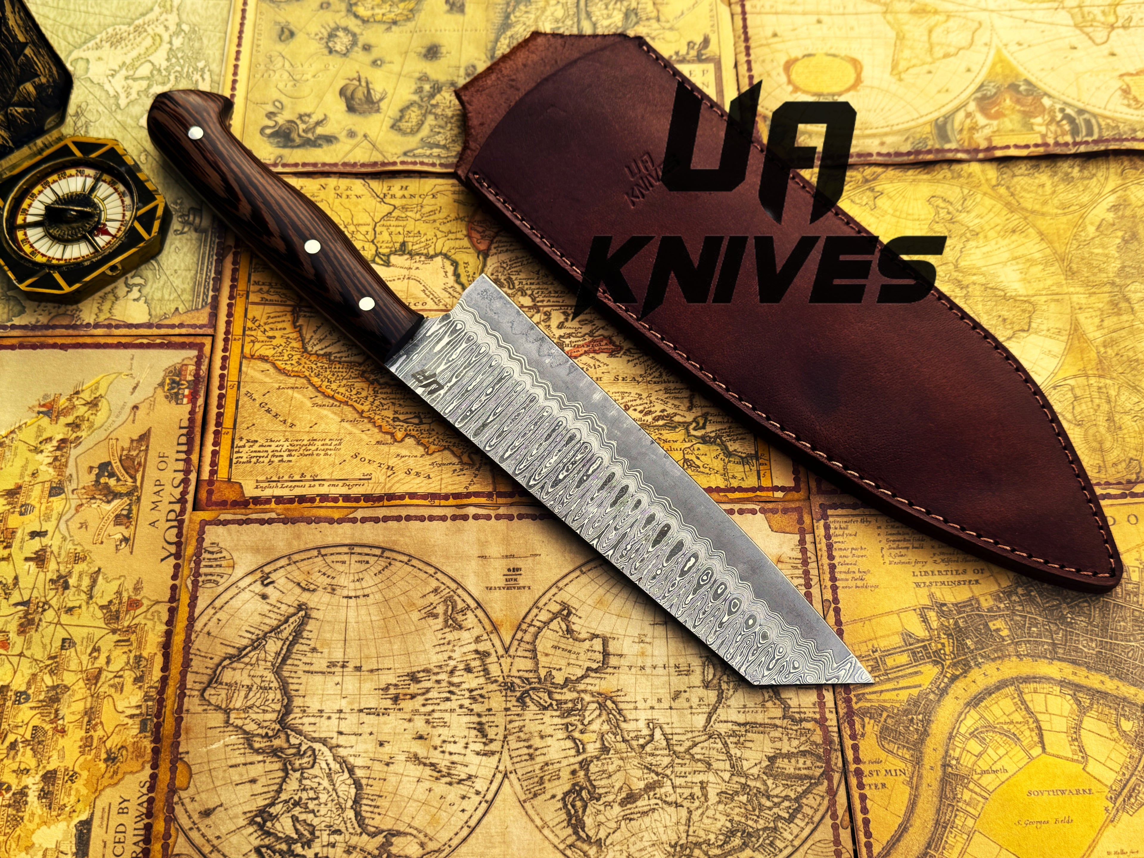 Damascus kitchen knife close up showing layered steel pattern blade