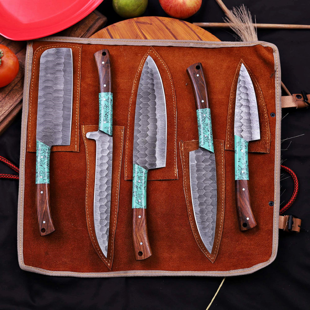 Handmade Damascus Steel Knife Set – Premium 5-Piece Chef Knife Set with Leather Roll