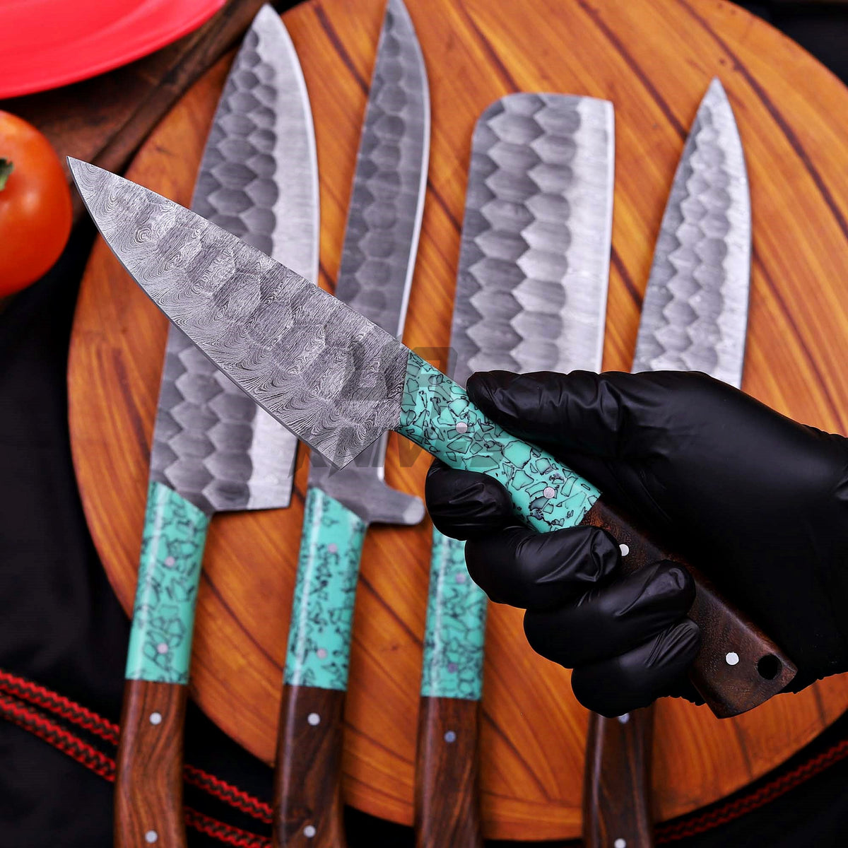Handmade Damascus Steel Knife Set – Premium 5-Piece Chef Knife Set with Leather Roll