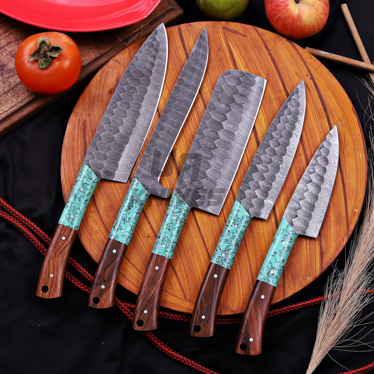 Handmade Damascus Steel Knife Set – Premium 5-Piece Chef Knife Set with Leather Roll
