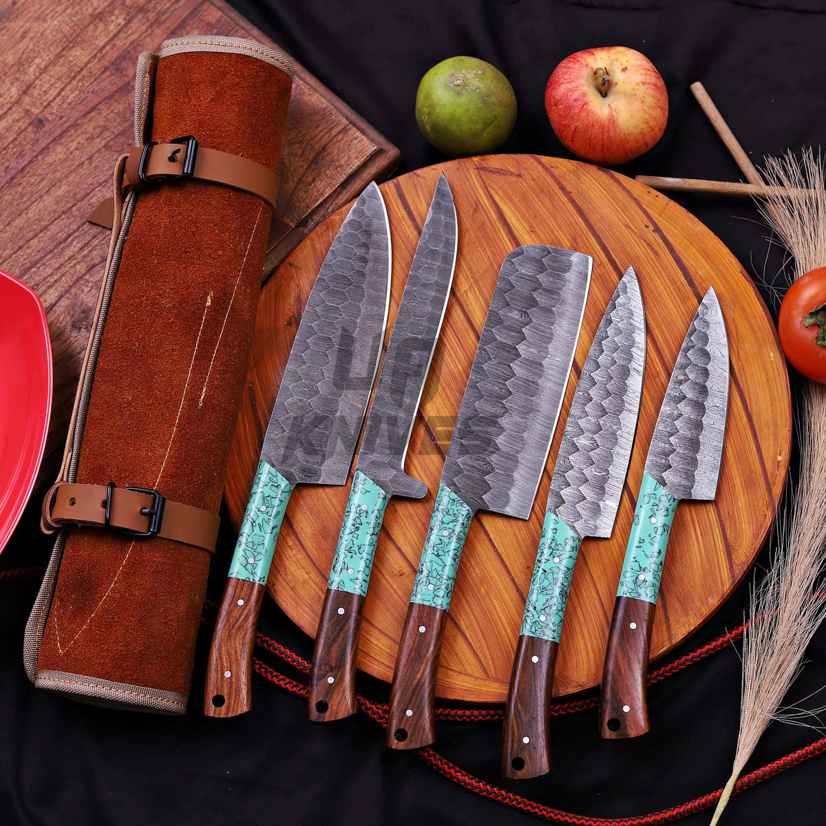 Handmade Damascus Steel Knife Set – Premium 5-Piece Chef Knife Set with Leather Roll