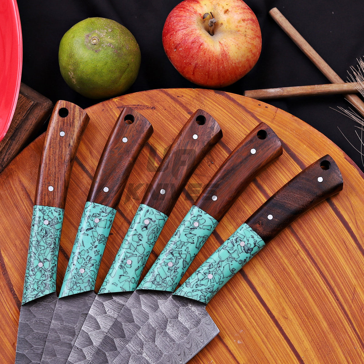 Handmade Damascus Steel Knife Set – Premium 5-Piece Chef Knife Set with Leather Roll