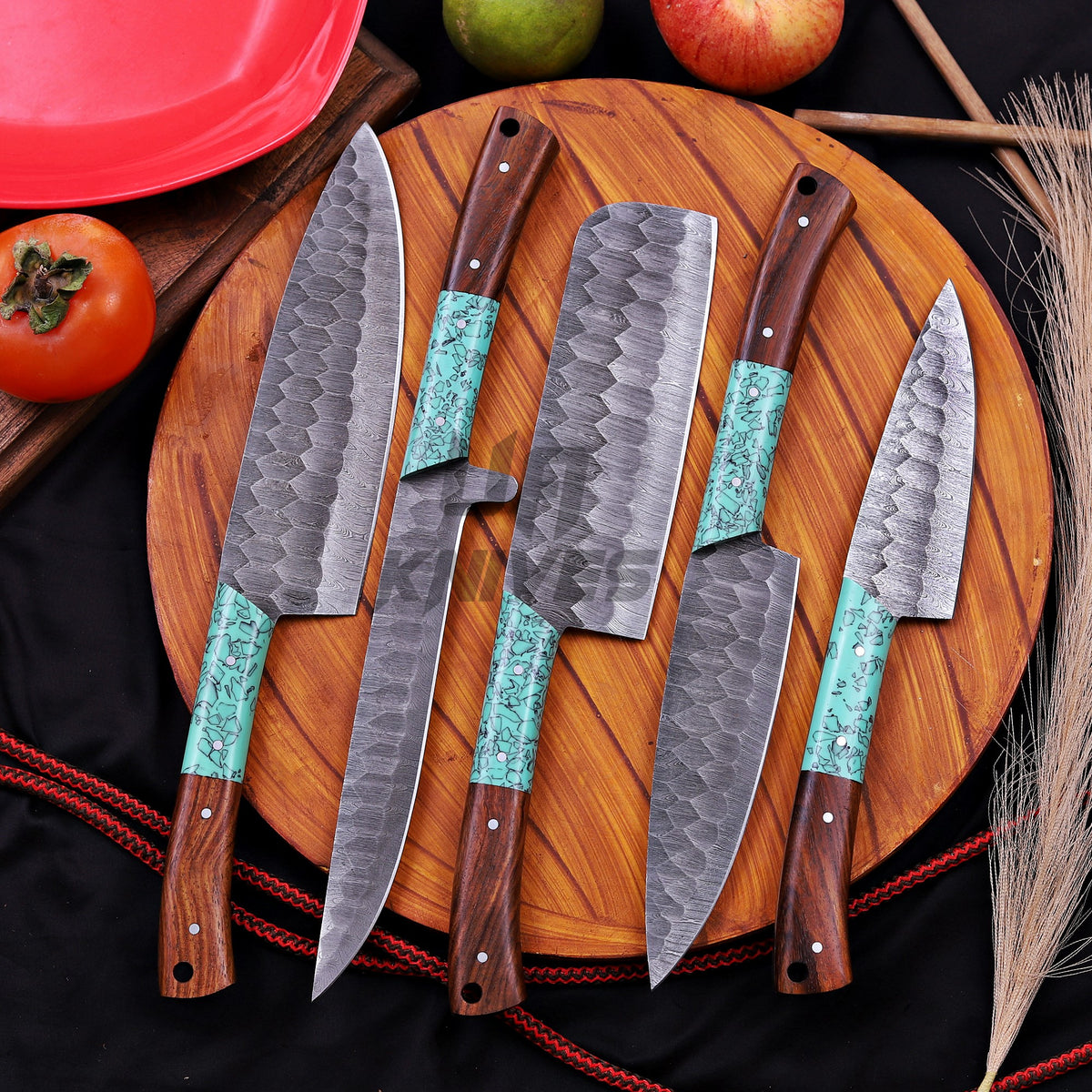 Handmade Damascus Steel Knife Set – Premium 5-Piece Chef Knife Set with Leather Roll