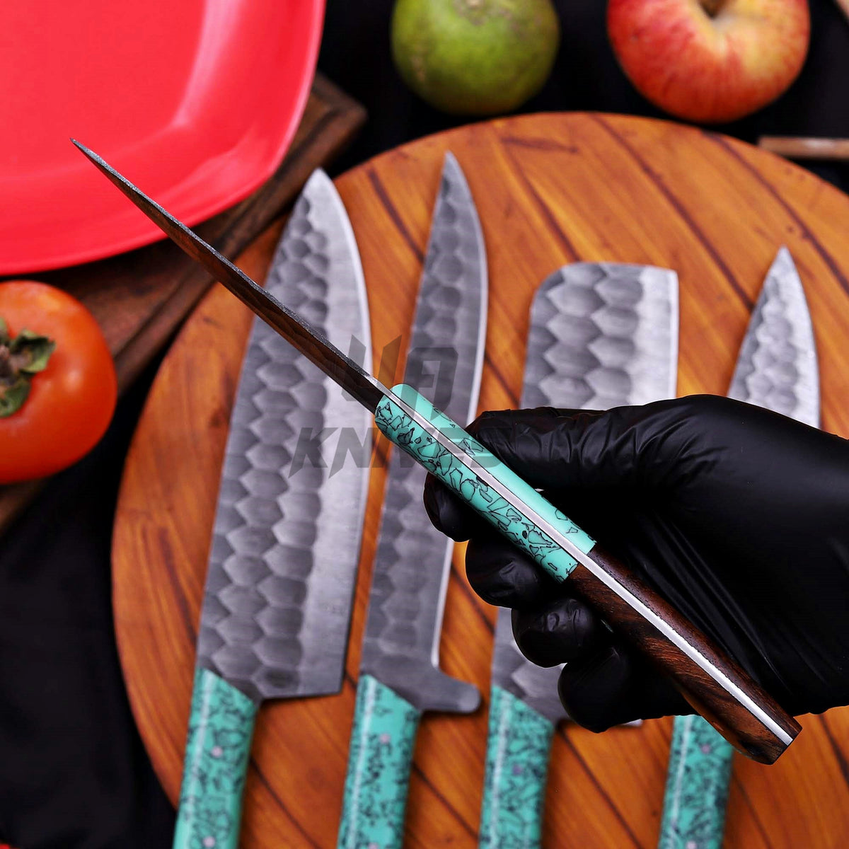 Handmade Damascus Steel Knife Set – Premium 5-Piece Chef Knife Set with Leather Roll