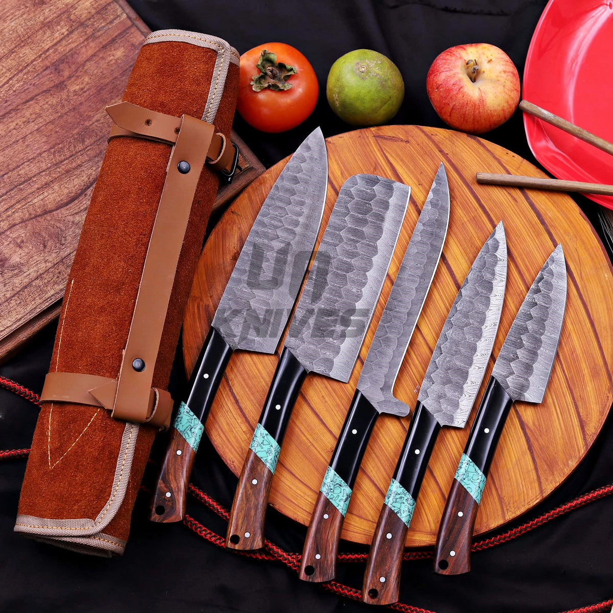 Premium Damascus Chef Knife Set – Handmade 5-Piece Kitchen Knife Set with Leather Case