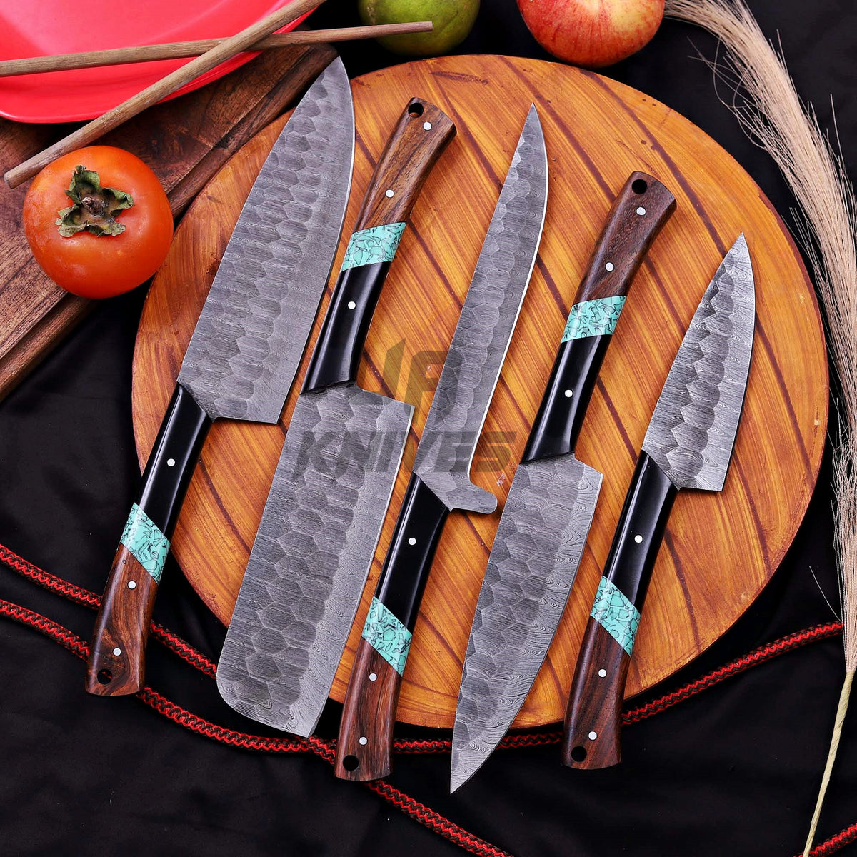 Premium Damascus Chef Knife Set – Handmade 5-Piece Kitchen Knife Set with Leather Case