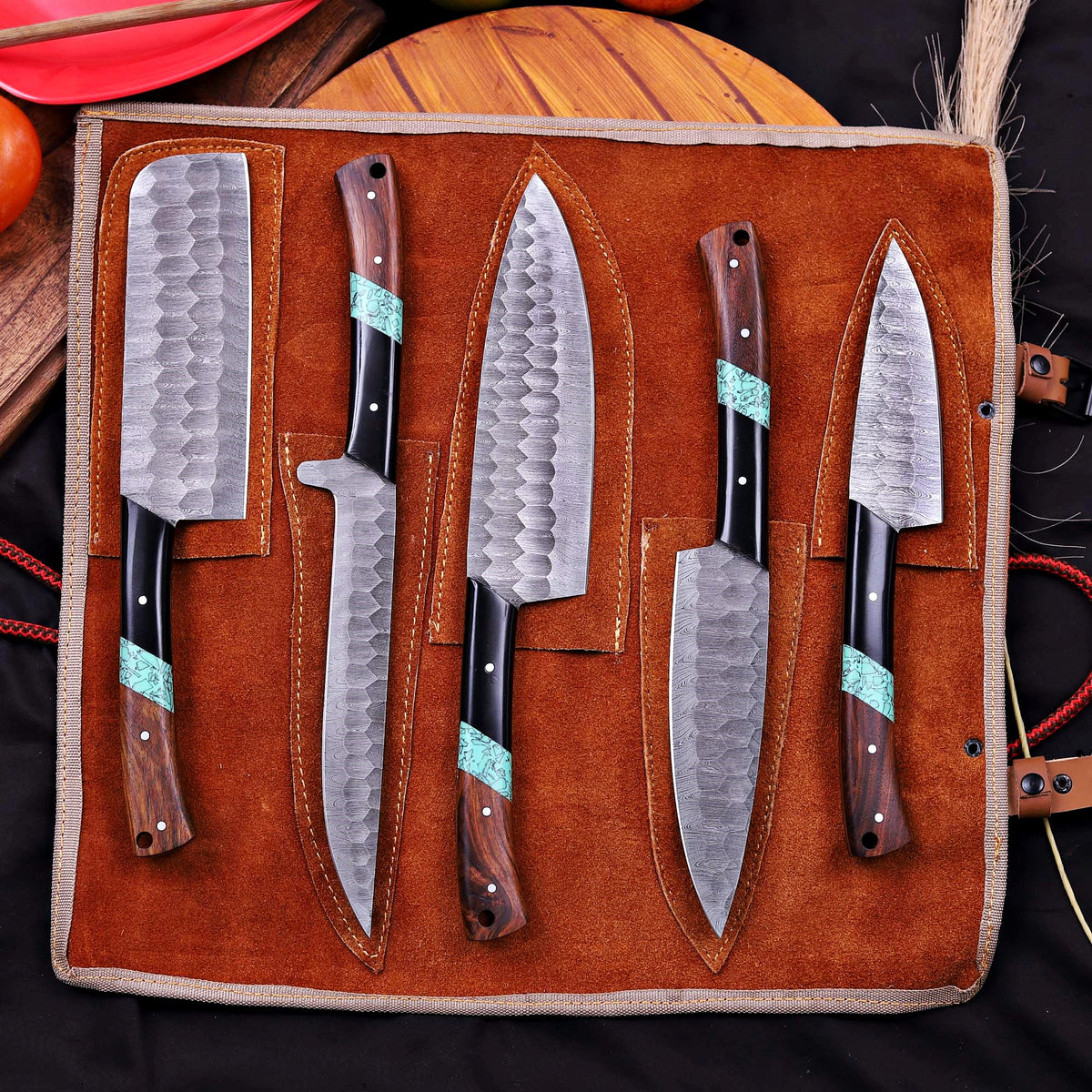 Premium Damascus Chef Knife Set – Handmade 5-Piece Kitchen Knife Set with Leather Case