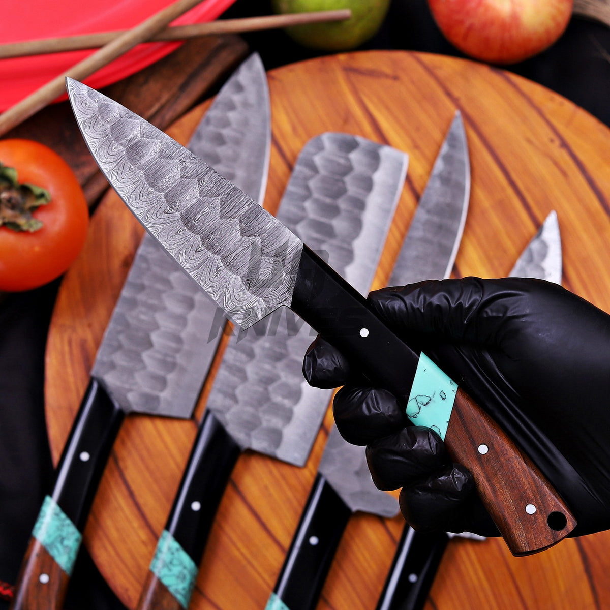 Premium Damascus Chef Knife Set – Handmade 5-Piece Kitchen Knife Set with Leather Case