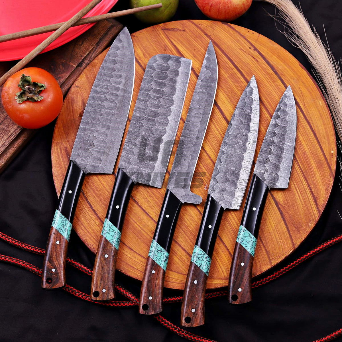Premium Damascus Chef Knife Set – Handmade 5-Piece Kitchen Knife Set with Leather Case