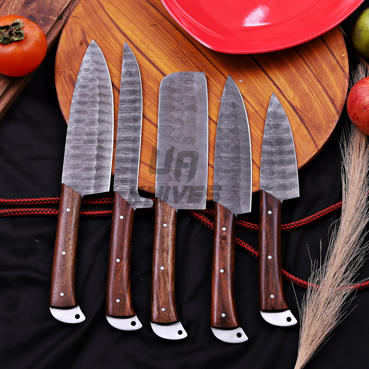 Handcrafted Damascus Steel Kitchen Knife Set – 5-Piece Professional Chef Set with Leather Roll