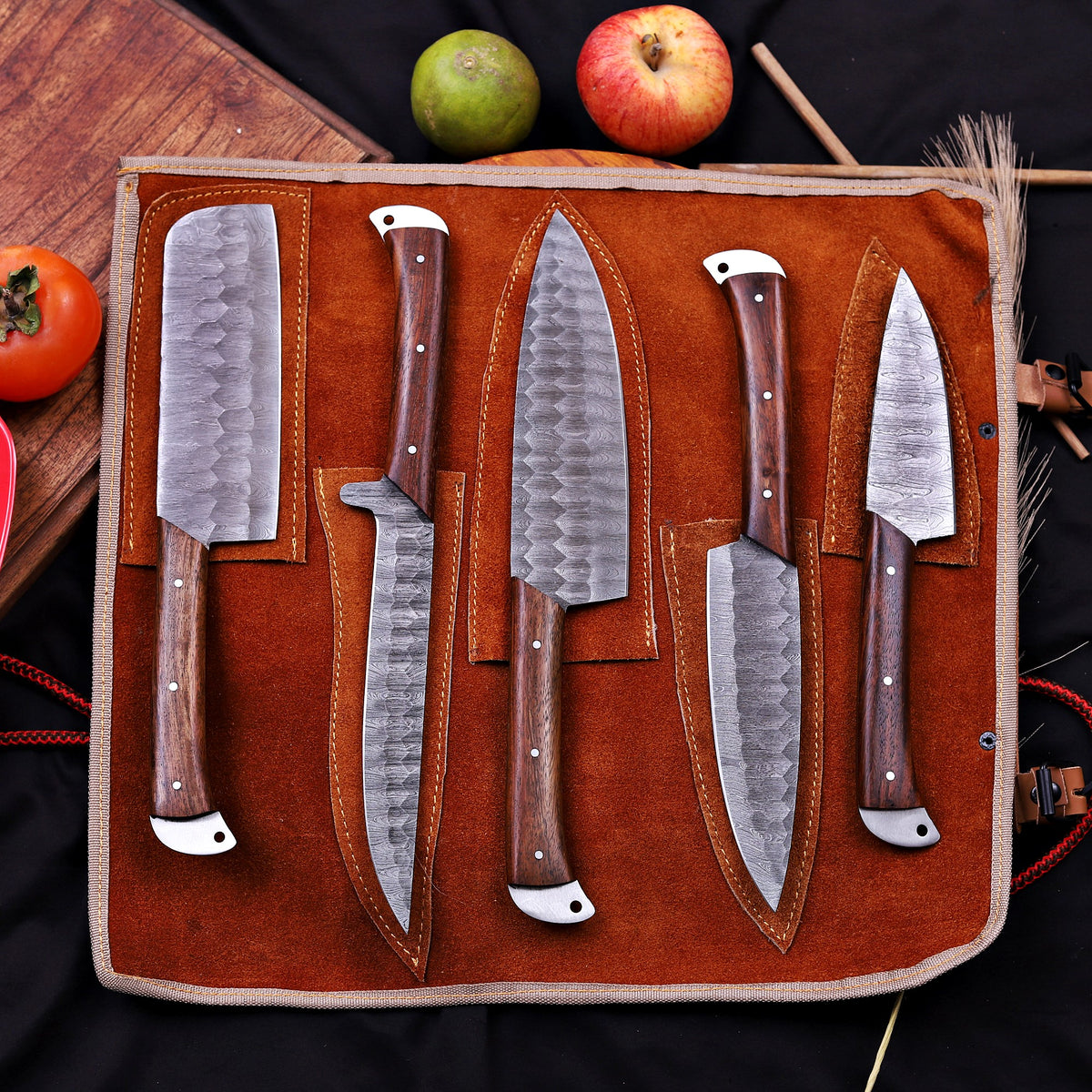Handcrafted Damascus Steel Kitchen Knife Set – 5-Piece Professional Chef Set with Leather Roll