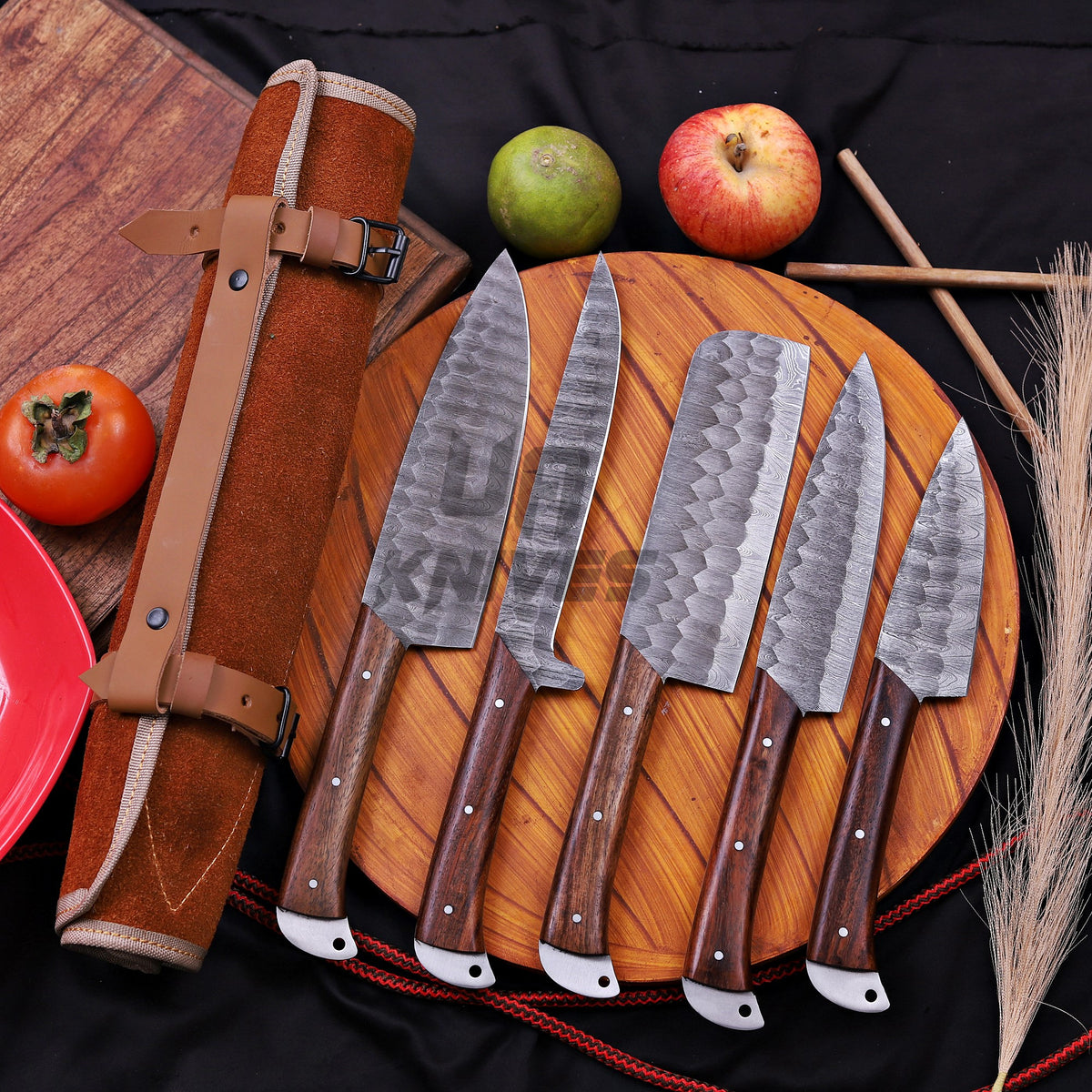 Handcrafted Damascus Steel Kitchen Knife Set – 5-Piece Professional Chef Set with Leather Roll