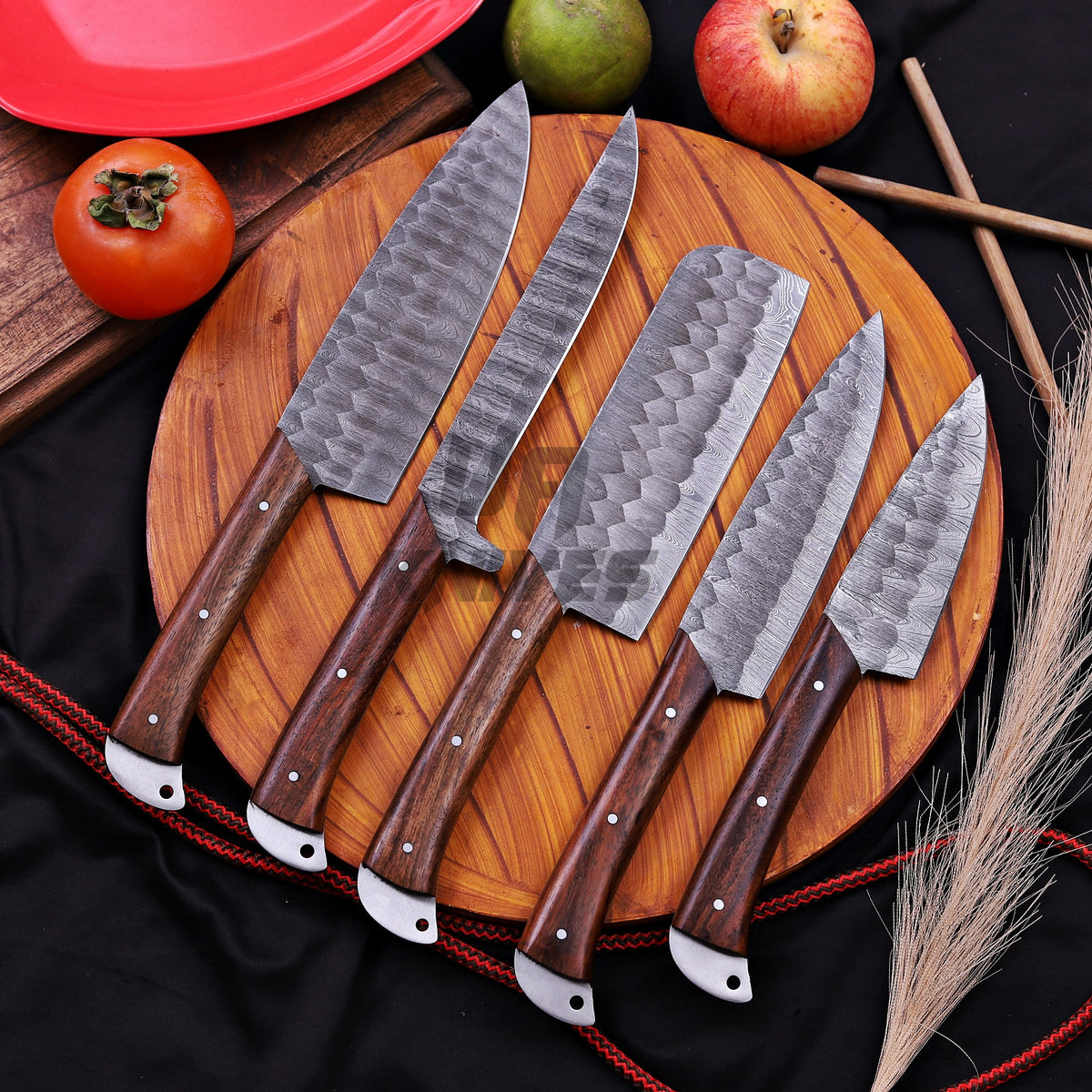 Handcrafted Damascus Steel Kitchen Knife Set – 5-Piece Professional Chef Set with Leather Roll