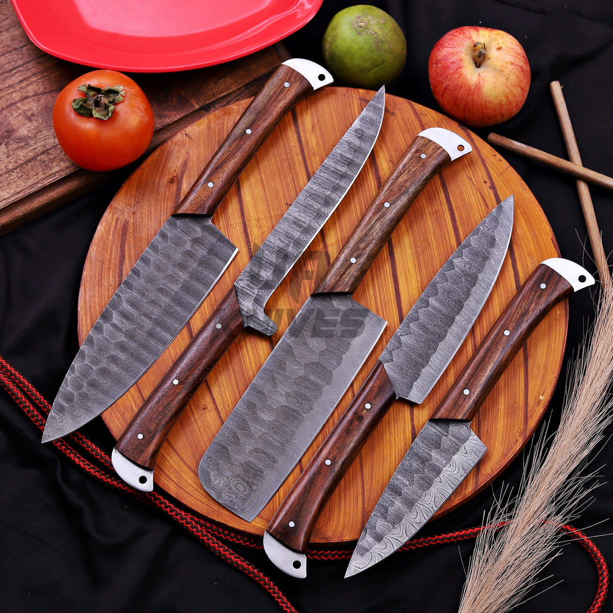 Handcrafted Damascus Steel Kitchen Knife Set – 5-Piece Professional Chef Set with Leather Roll