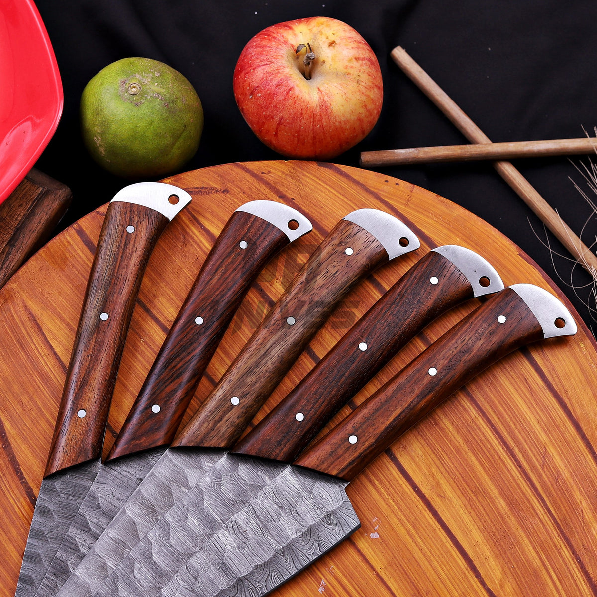 Handcrafted Damascus Steel Kitchen Knife Set – 5-Piece Professional Chef Set with Leather Roll