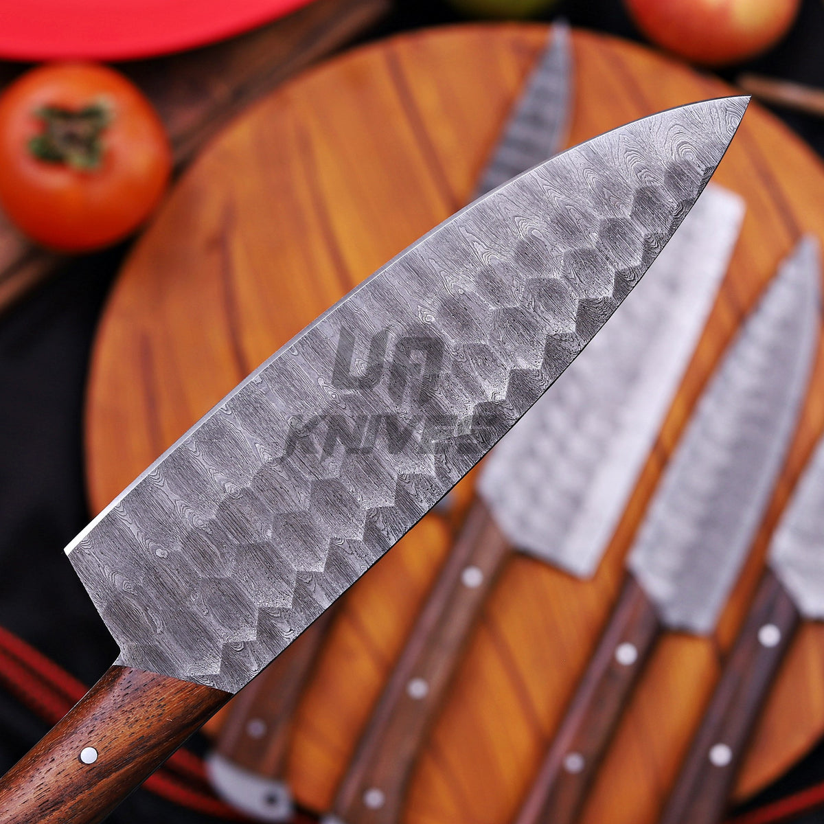 Handcrafted Damascus Steel Kitchen Knife Set – 5-Piece Professional Chef Set with Leather Roll