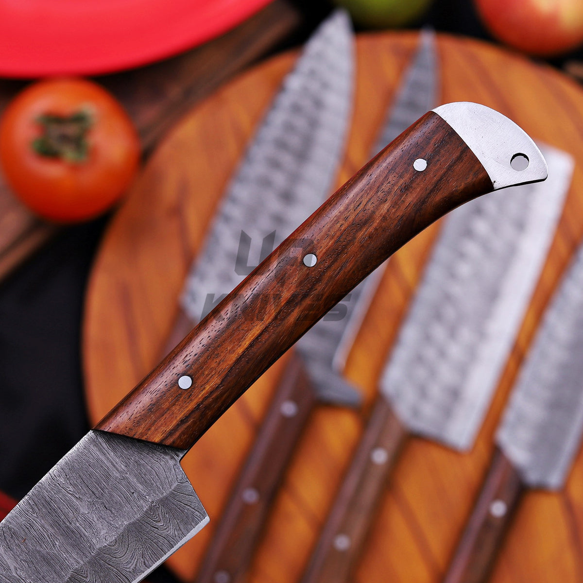 Handcrafted Damascus Steel Kitchen Knife Set – 5-Piece Professional Chef Set with Leather Roll