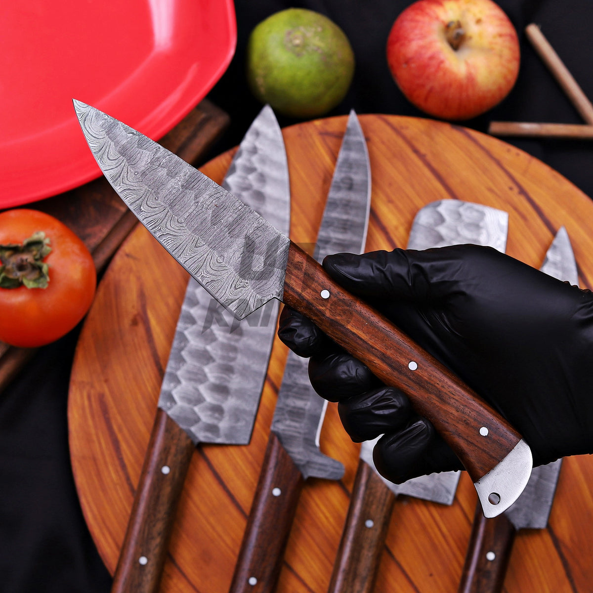 Handcrafted Damascus Steel Kitchen Knife Set – 5-Piece Professional Chef Set with Leather Roll