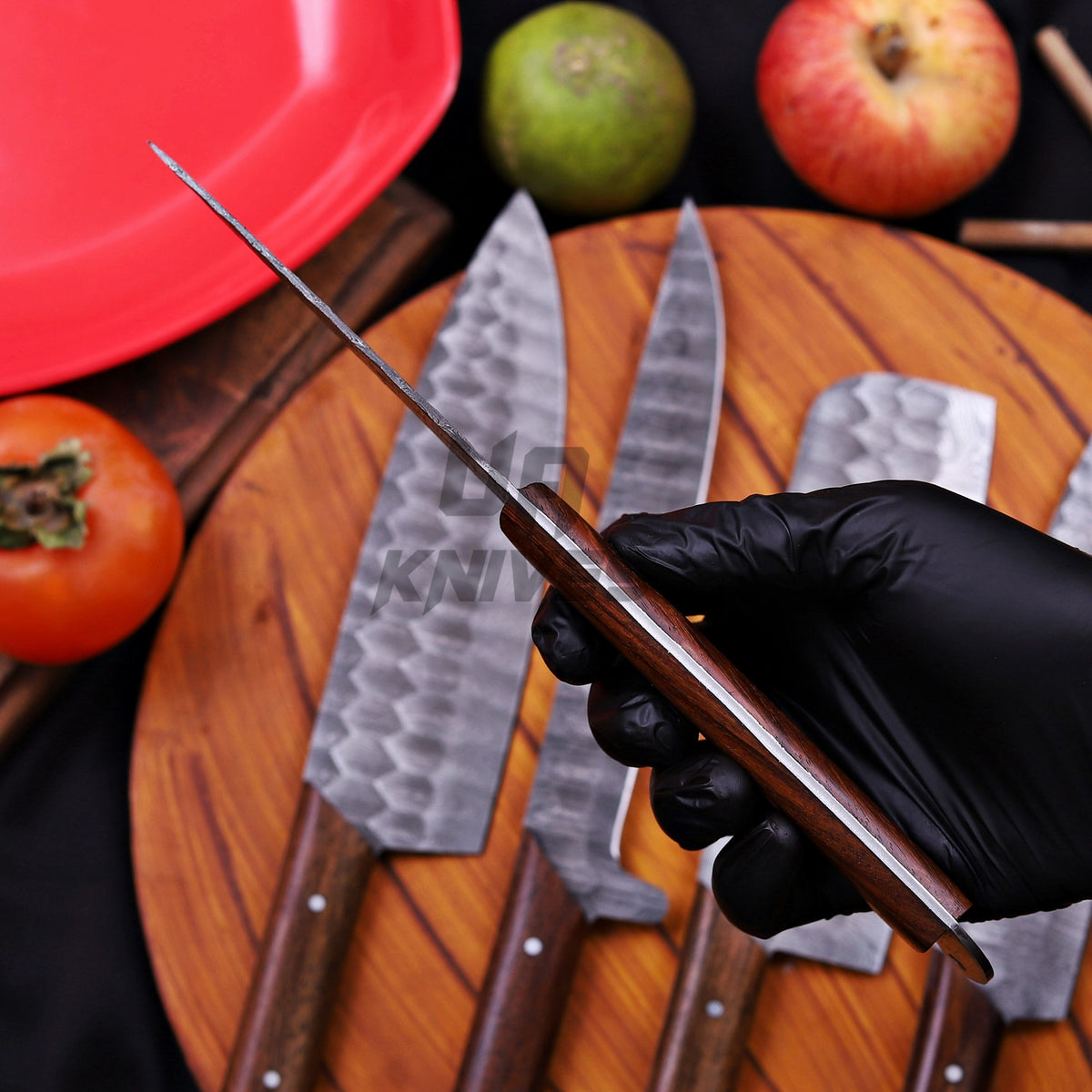 Handcrafted Damascus Steel Kitchen Knife Set – 5-Piece Professional Chef Set with Leather Roll