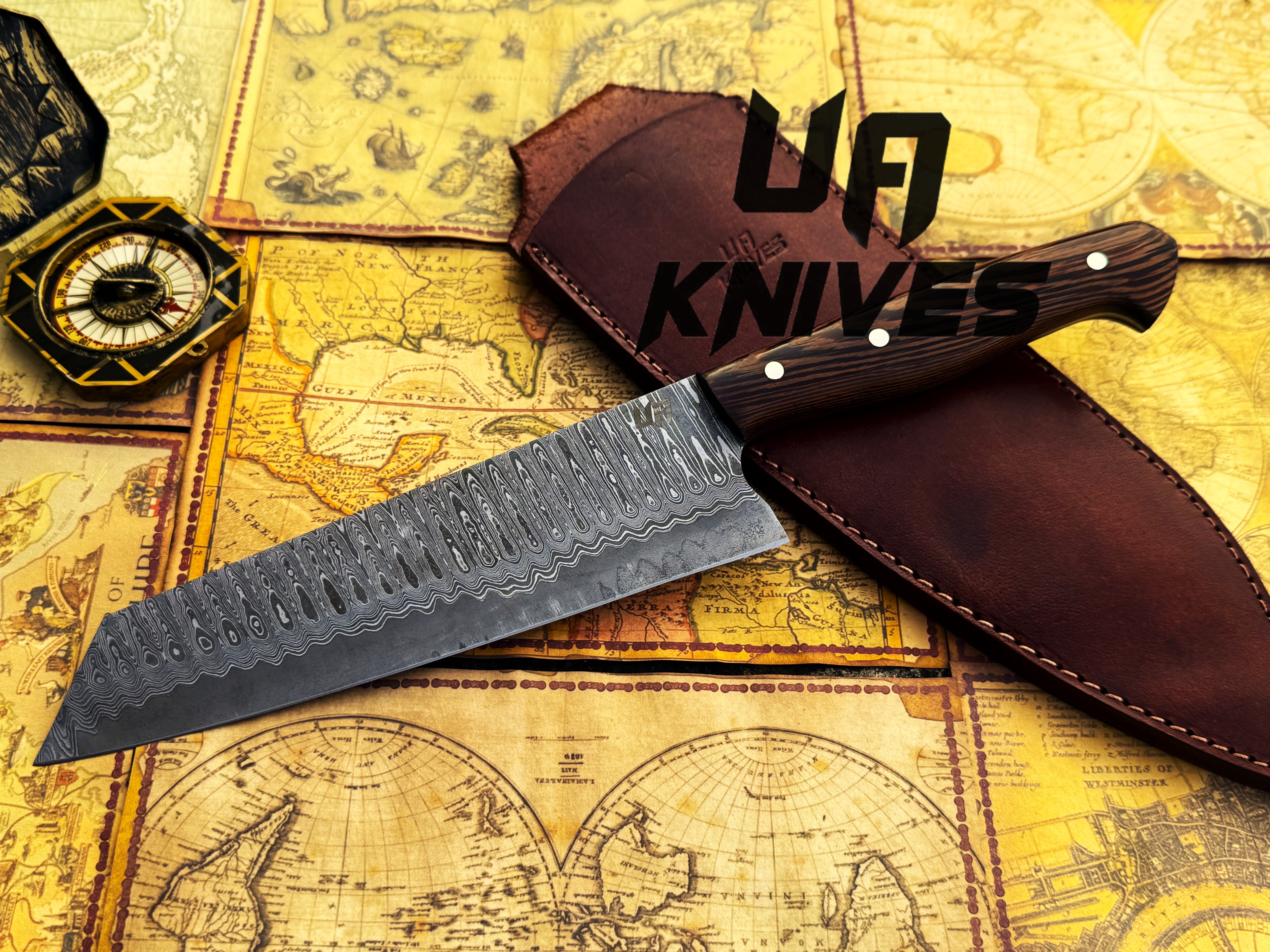 Hand forged damascus steel knives with full tang handle for professional kitchen use Main image