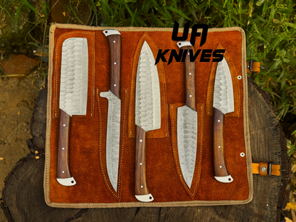 UA Midnight Forge - Handmade Damascus Steel Full Tang 5 pcs BBQ Chef Set with Genuine Leather Bag