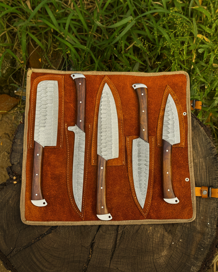Handmade Damascus fixed blade knife set with leather sheath stainless steel knives