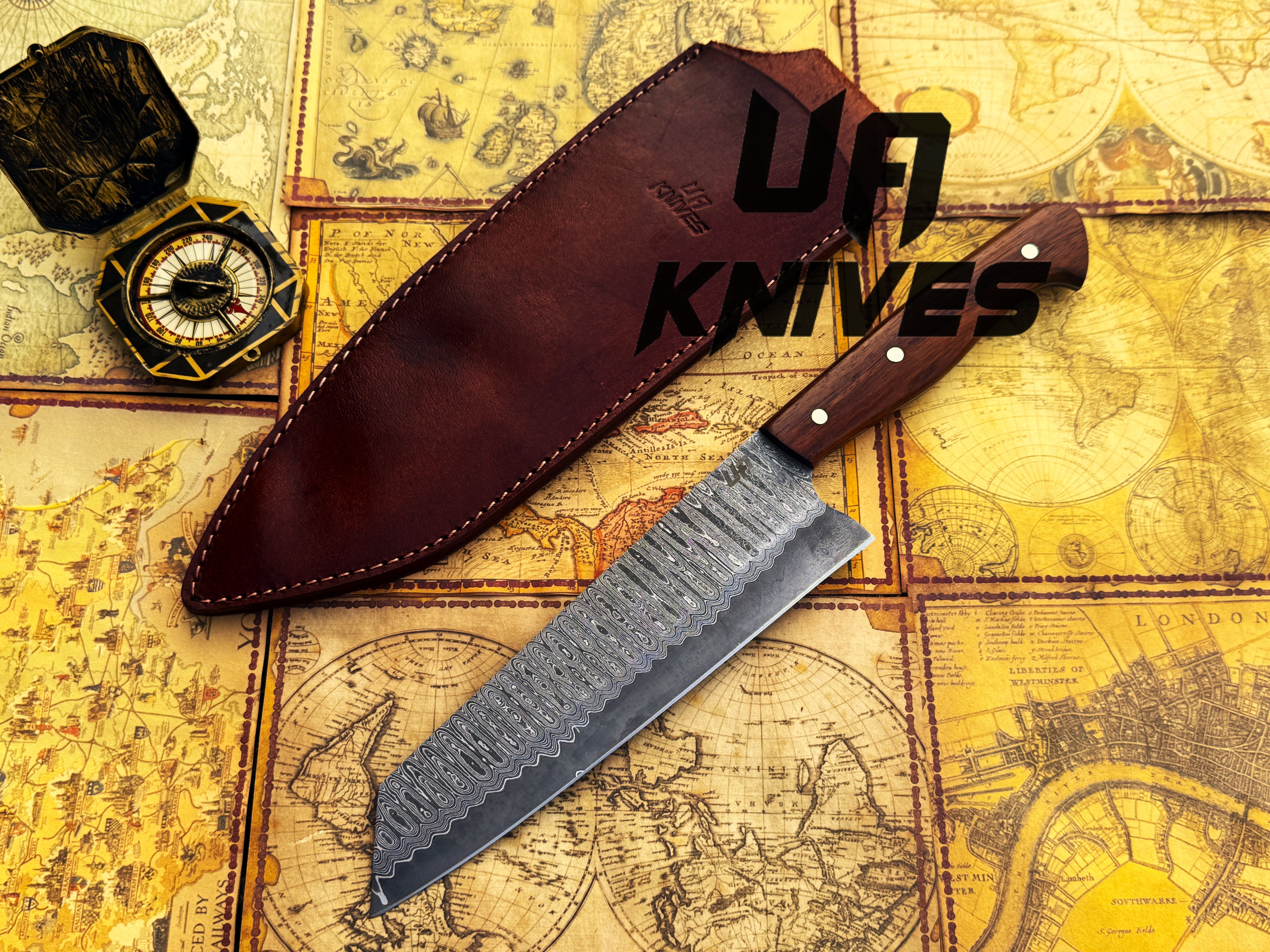 UA Knives Prisma Sanmai Damascus Steel Japanese Santoku chef knife with ergonomic rosewood handle, showcasing sharp edge and traditional design.