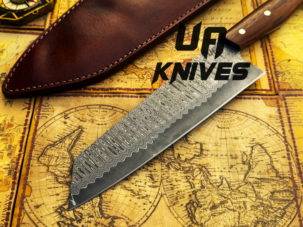 UA Knives Prisma Sanmai Damascus Steel Japanese Santoku Chef Knife with ergonomic rosewood handle, sharp blade and traditional design.