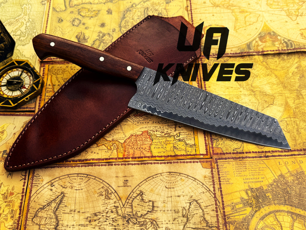 UA Prisma Sanmai Damascus Steel Japanese Santoku chef knife with ergonomic rosewood handle, detailed blade, and traditional craftsmanship.