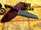 UA Prisma Sanmai Damascus Steel Japanese Santoku chef knife with ergonomic rosewood handle, detailed blade, and traditional craftsmanship.