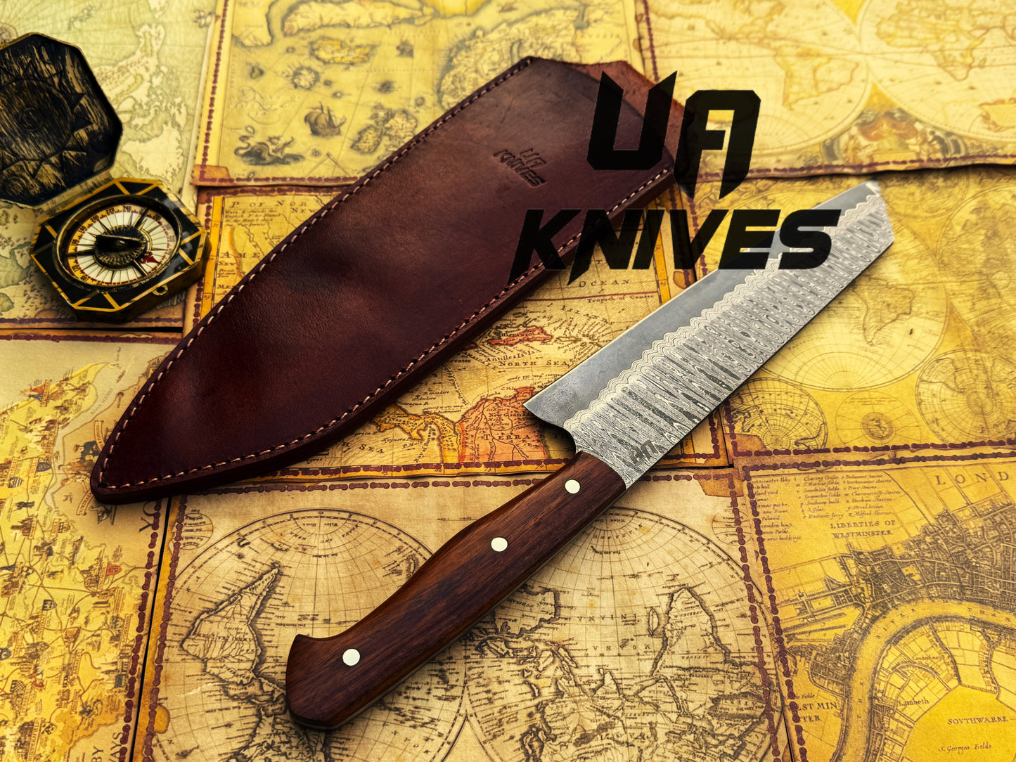 UA Prisma -  Sanmai Damascus Steel Japanese Santuko Chef Knife with Ergonomic Rosewood Handle