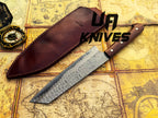 UA Prisma Sanmai Damascus Steel Japanese Santoku chef knife with ergonomic rosewood handle, ideal for precise kitchen cutting tasks.