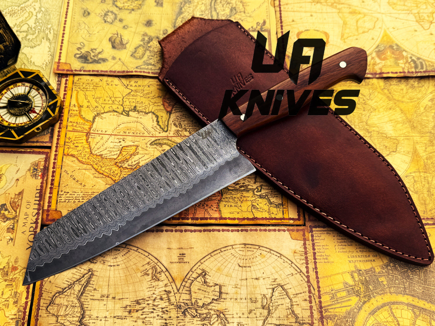 UA Prisma -  Sanmai Damascus Steel Japanese Santuko Chef Knife with Ergonomic Rosewood Handle