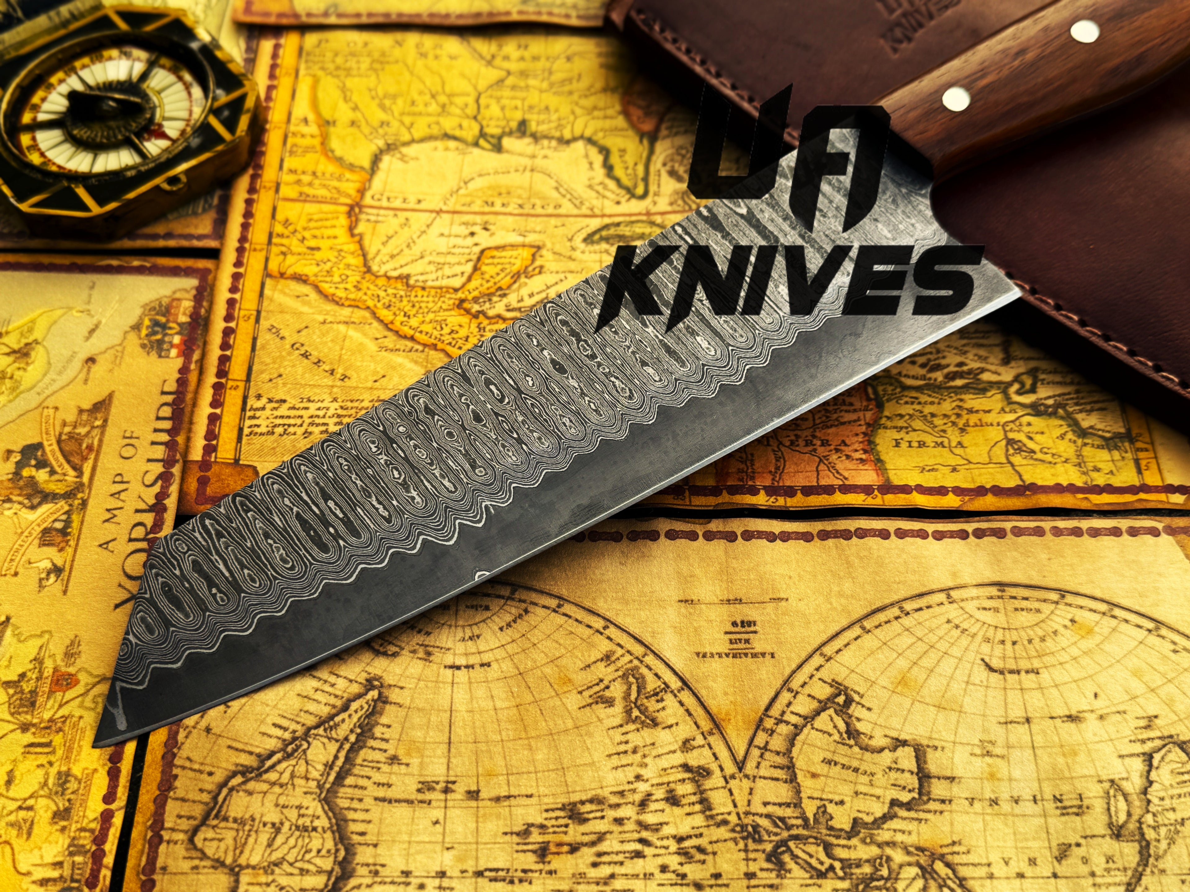 UA Specter Hand Forged Sanmai Damascus Steel Chef Knife with Wengee Wood handle, full tang kitchen cutlery for precise slicing.