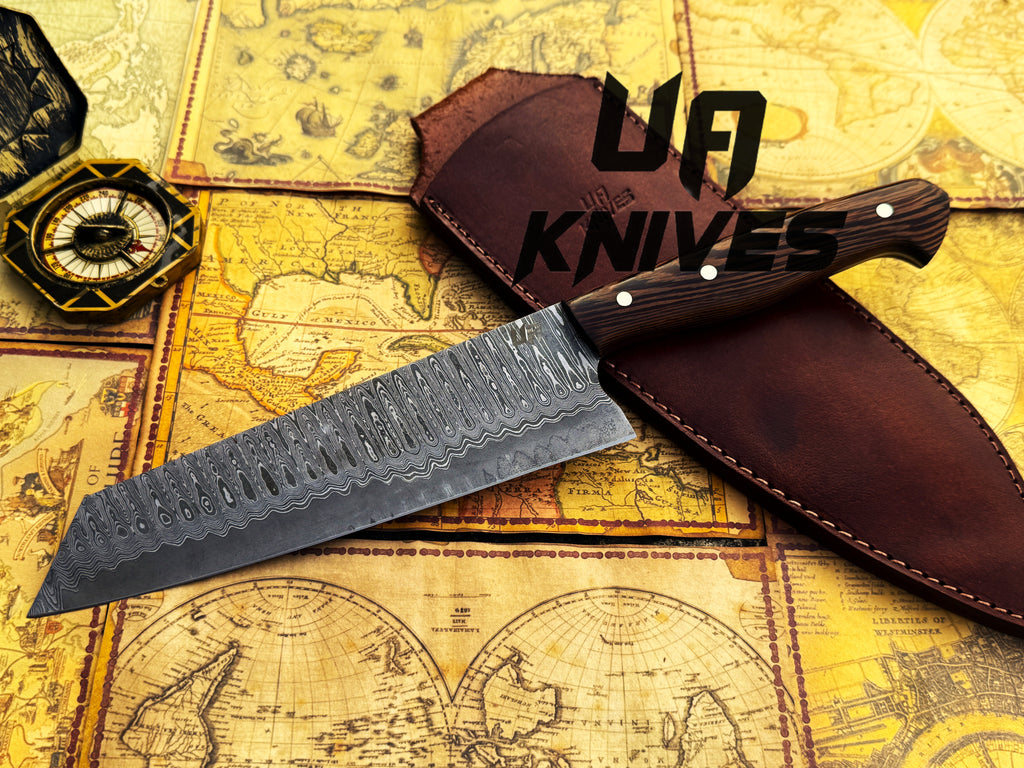 UA Prisma Sanmai Damascus Steel Japanese Santoku Chef Knife with ergonomic rosewood handle, showcasing its sharp blade and elegant design.