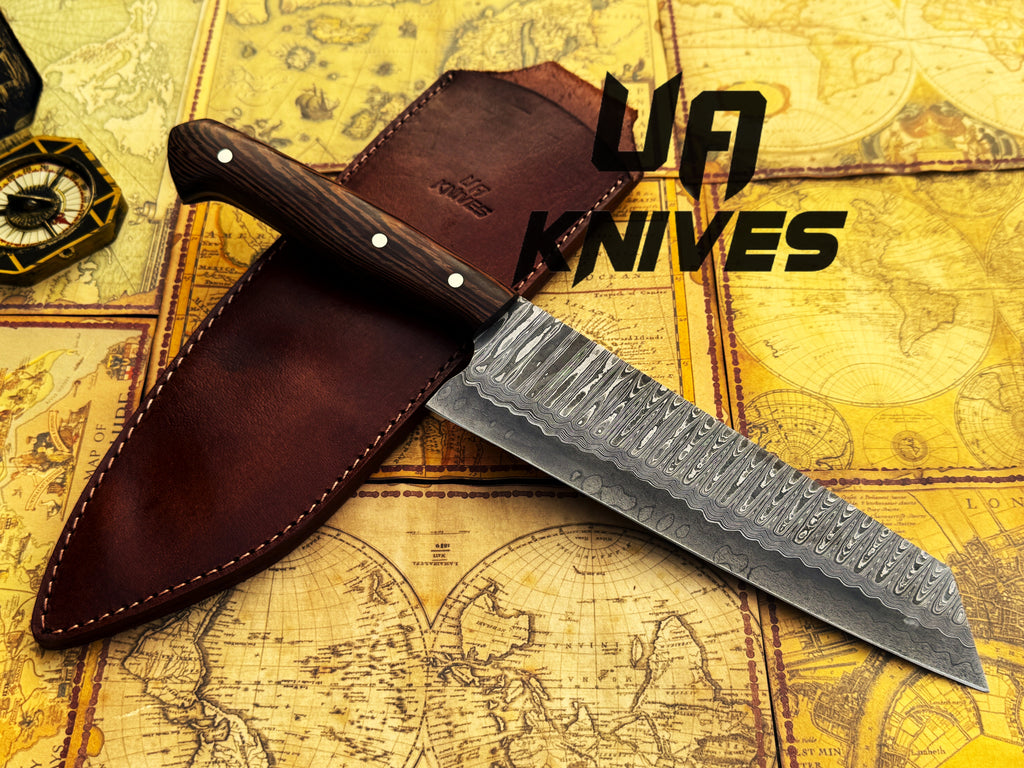 UA Prisma Sanmai Damascus steel Japanese chef knife with ergonomic rosewood handle, perfect for precise kitchen slicing.