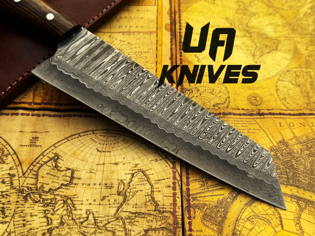 UA Prisma Sanmai Damascus steel Japanese chef knife with ergonomic rosewood handle, perfect for precise slicing and chopping.