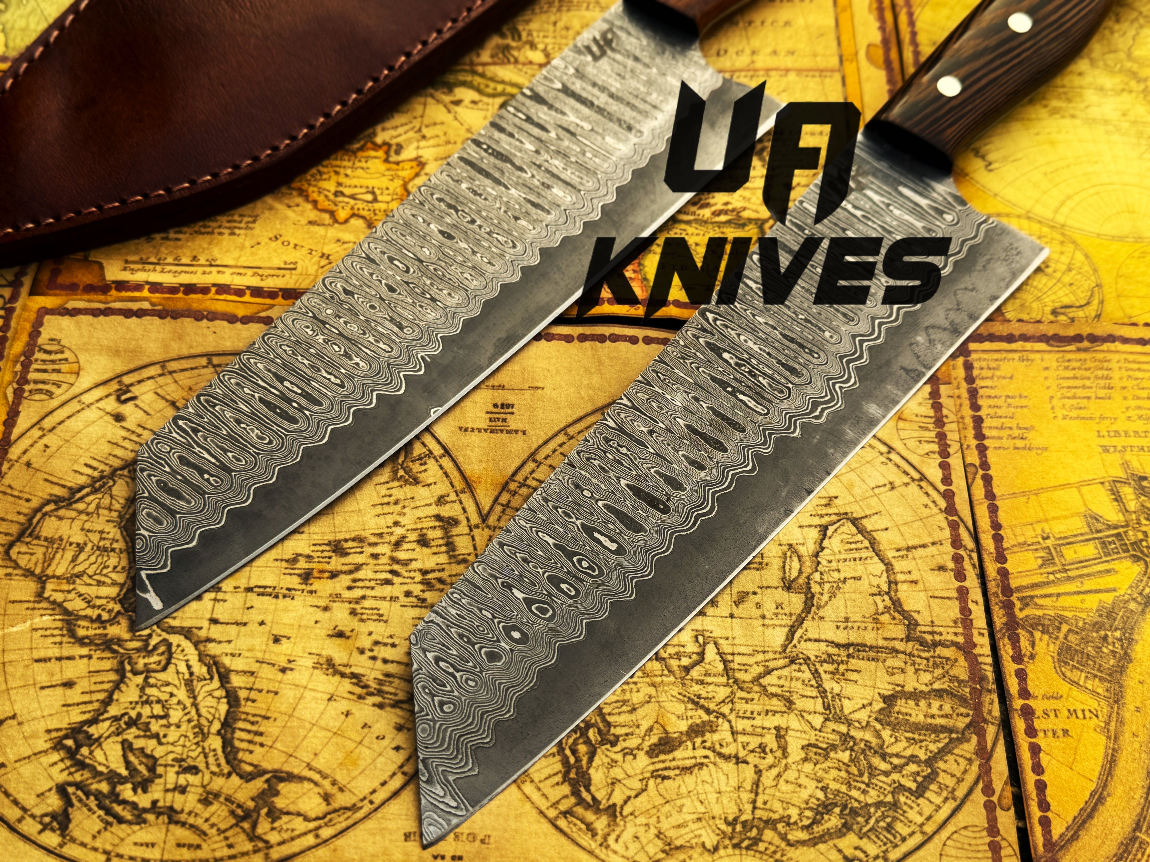 UA Knives Prisma Sanmai Damascus steel Japanese chef knife with ergonomic rosewood handle, showcasing a sharp blade and stylish design.