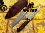 UA Knives Prisma Sanmai Damascus steel Japanese Santoku chef knife with ergonomic rosewood handle for precise slicing and chopping.